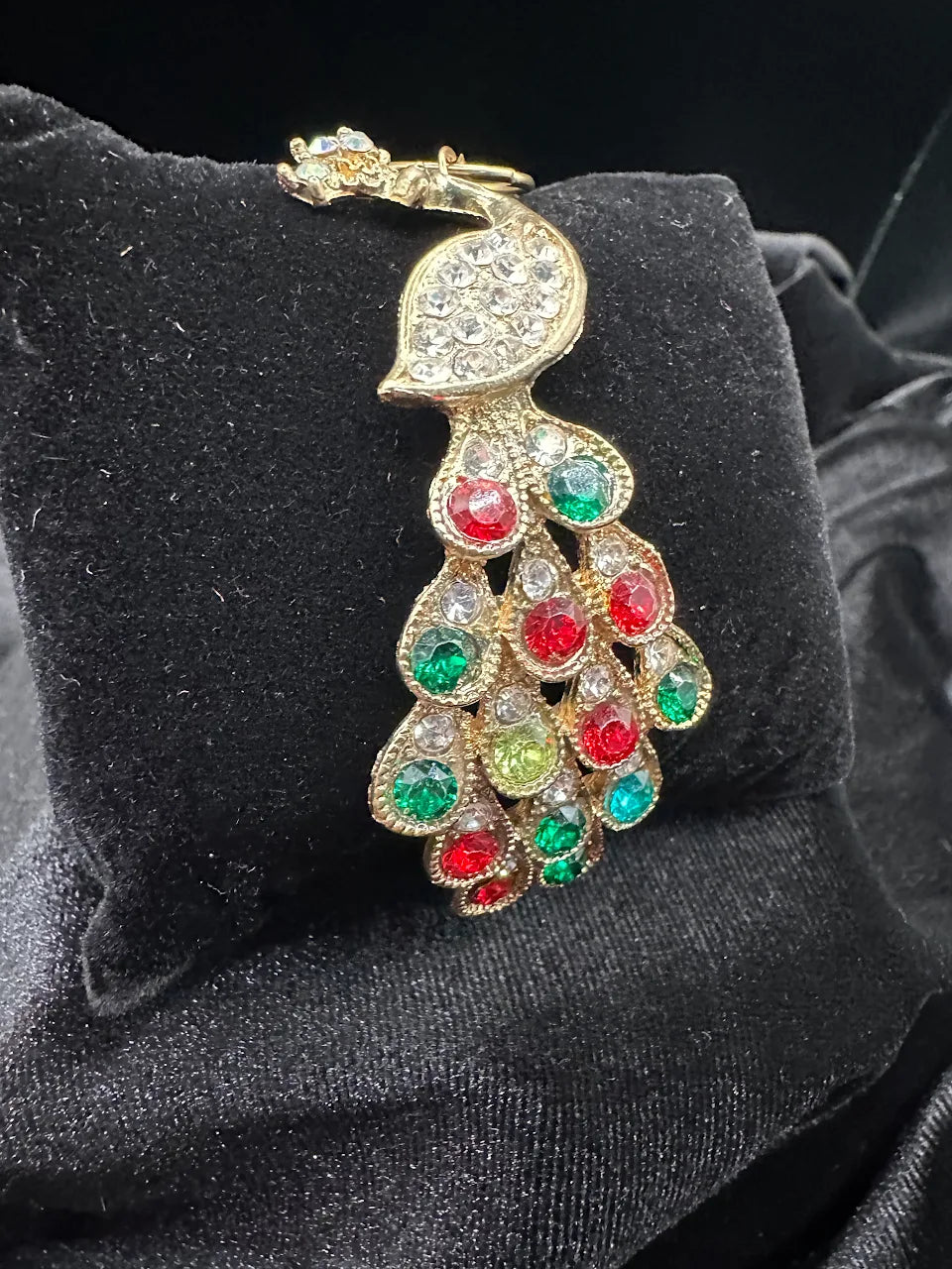 Gold Tone Multicolor Crystal Peacock Hand Bracelet | Ring-to-Bracelet Statement Jewelry