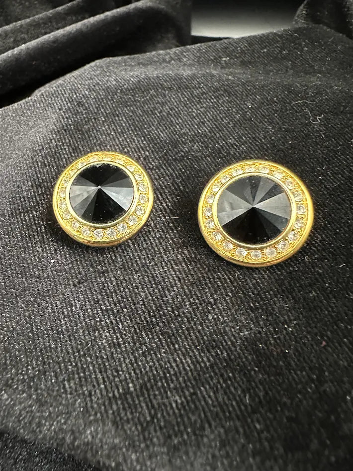 Gold-tone round button clip-on earrings with black crystal centers and clear crystal halo, view 5