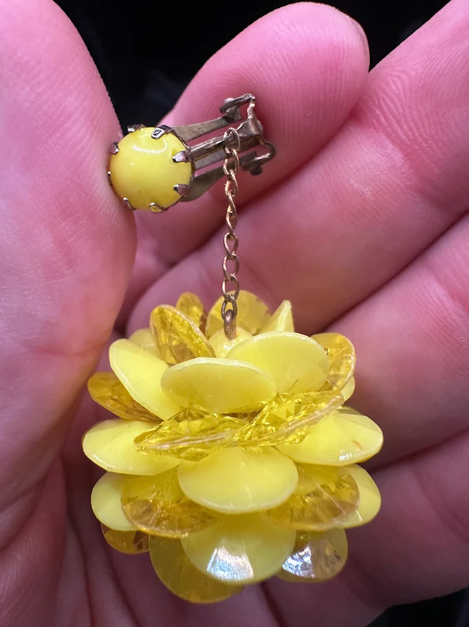 Vintage Yellow Flower Dangle Clip Earrings | Dimensional Floral Statement Earrings