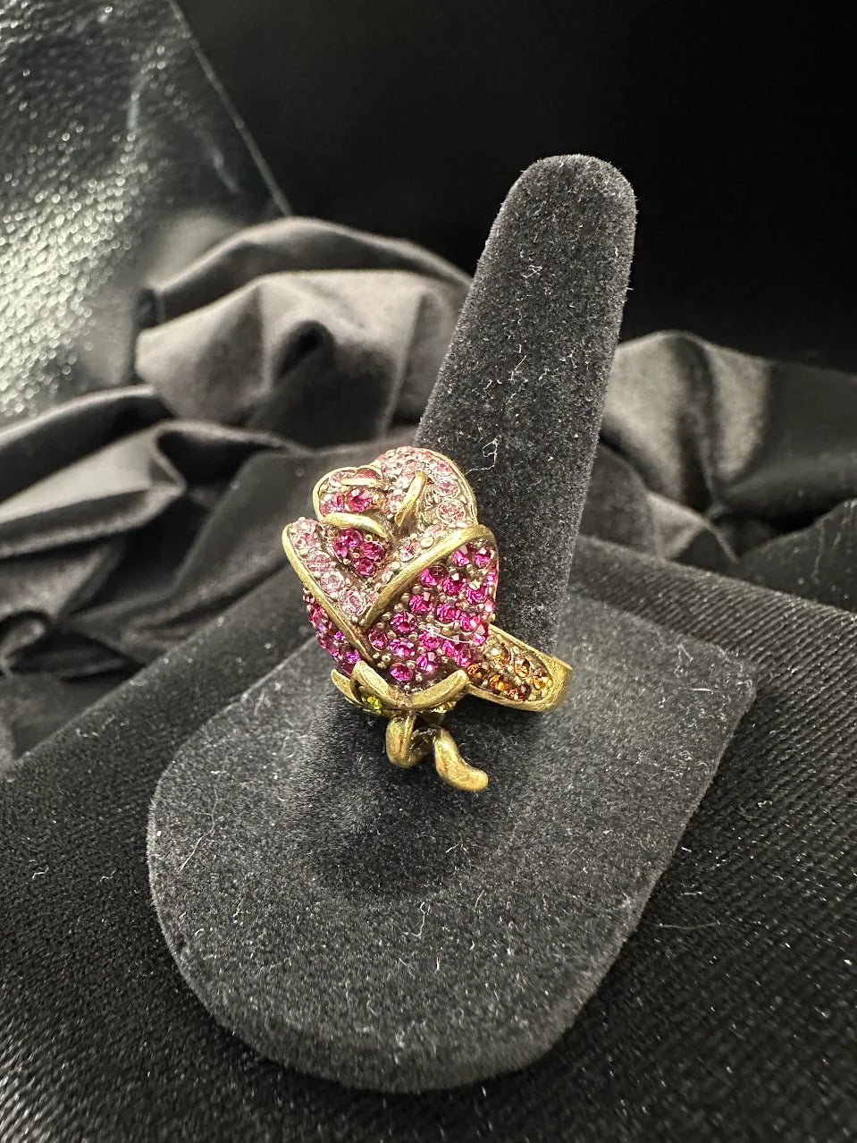 Heidi Daus Pink Crystal Rose Statement Ring Gold Tone Floral Cocktail Designer Jewelry