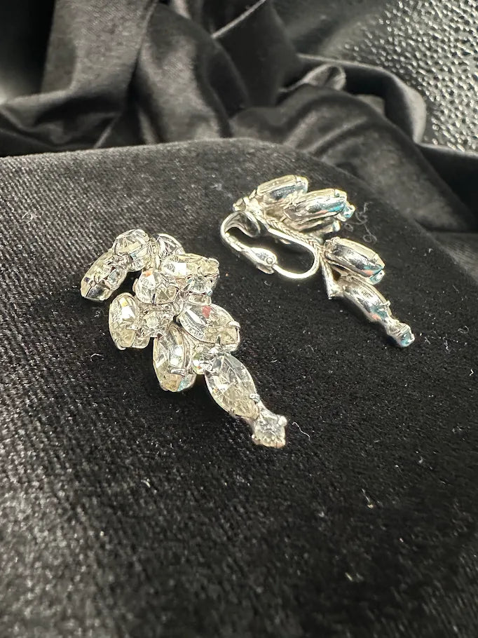 Signed Carnegie silver-tone clip earrings with cascading clear marquise rhinestones, view 5