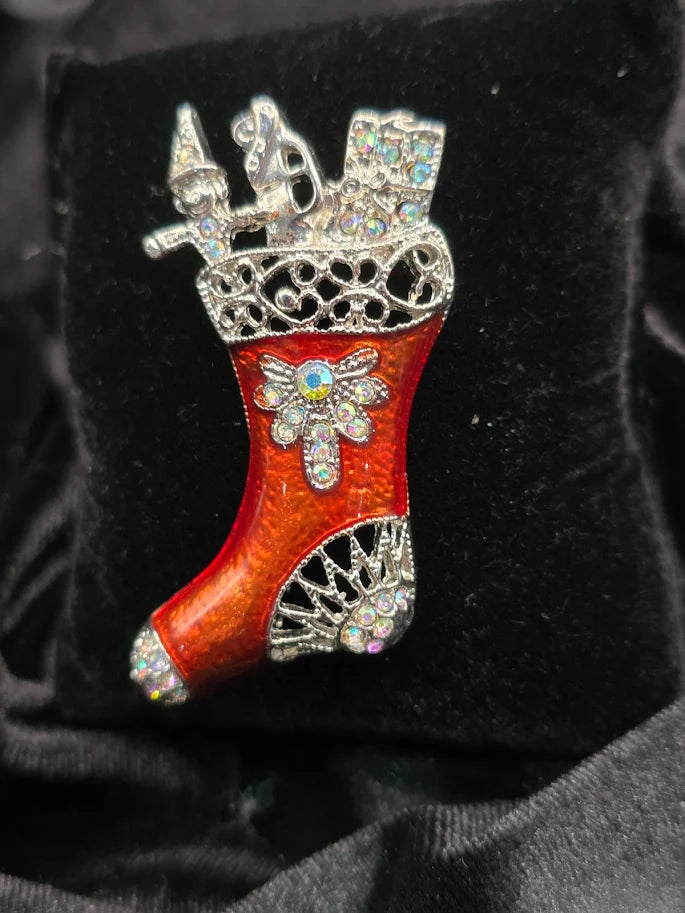 Red enamel Christmas stocking brooch with rhinestones and silver-tone detailing, view 2