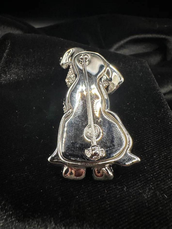 (SWAROVSKY) Silver tone dog brooch with clear and black crystals