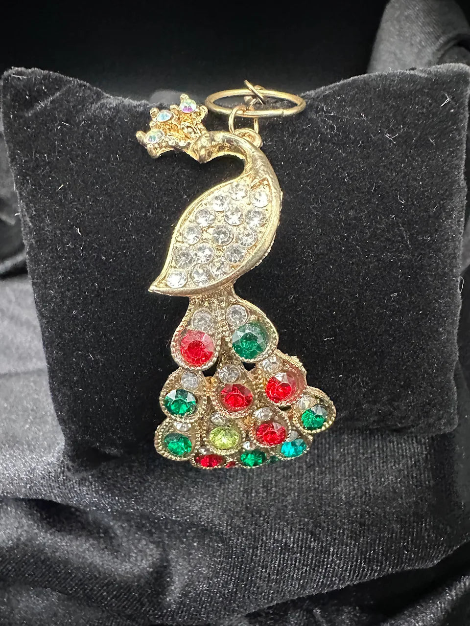 Gold-tone multicolor crystal peacock hand bracelet with ring and chain, view 6