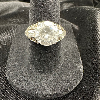 Vintage Art Deco Style 925 Sterling Silver CZ Ring Round Center with Baguette Accents Size 7