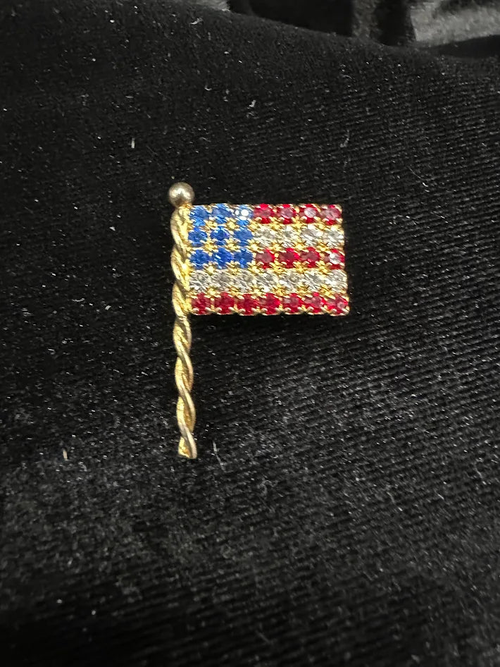 Signed Eisenberg Ice gold-tone American flag brooch with red, clear and blue crystals, view 5