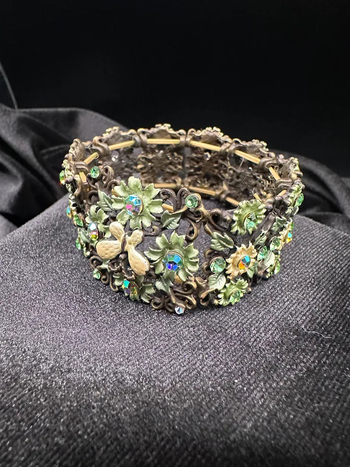 Vintage Floral Green Crystal Bracelet Antique Bronze Tone Wide Filigree Cuff Statement Garden Glam