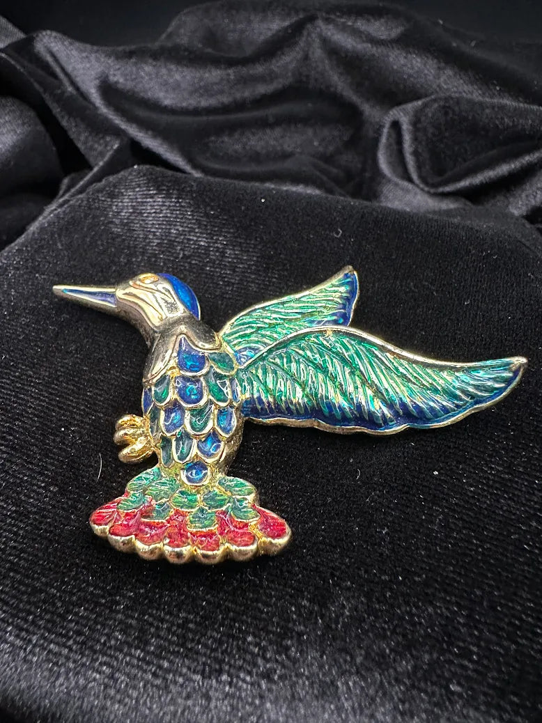 Gold-tone hummingbird brooch with blue, green and teal enamel wings, view 2