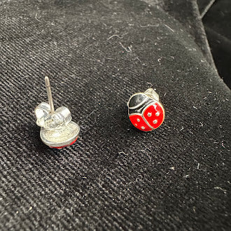 Silver-tone ladybug stud earrings with red and black enamel, view 4