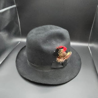 Adolfo II black felt fedora style hat with feather accent
