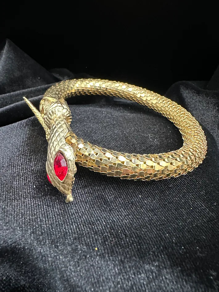 1970s–1980s Gold Tone Snake Bracelet Red Crystal Eye Serpent Wrap Bangle Textured Scale Statement Jewelry