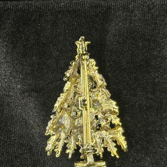 Gold-tone textured Christmas tree brooch with red and green rhinestones, garland and star, view 3