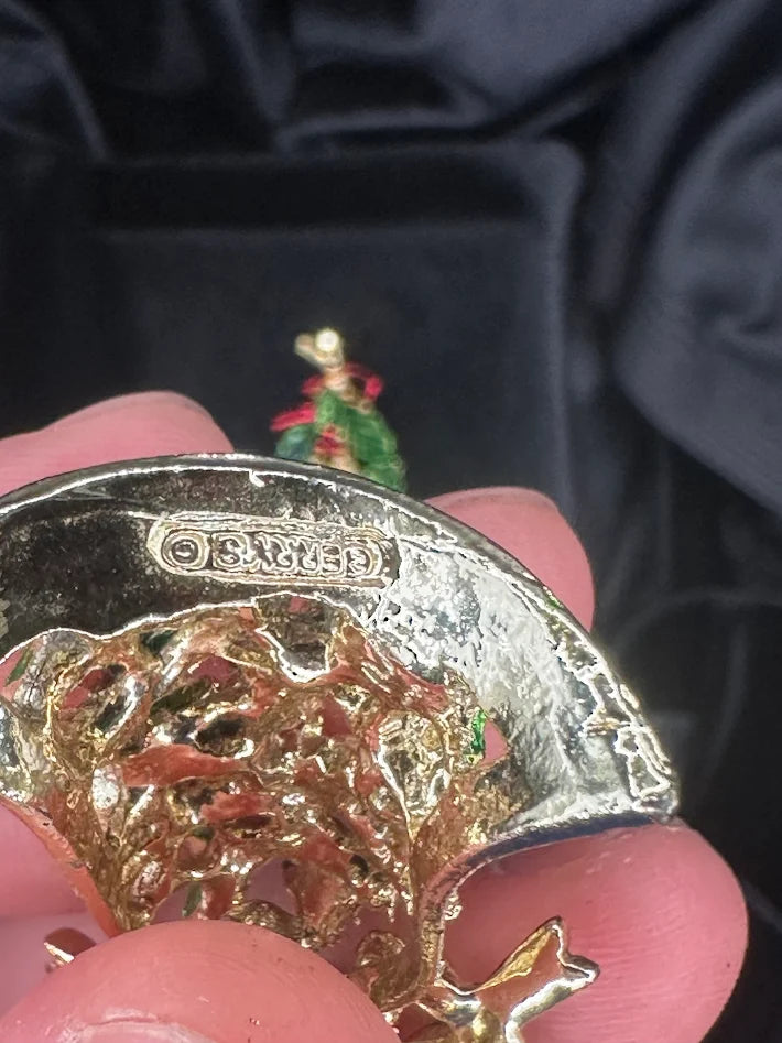 Signed Gerry's gold-tone Christmas bell brooch with green enamel holly and red berries, view 4