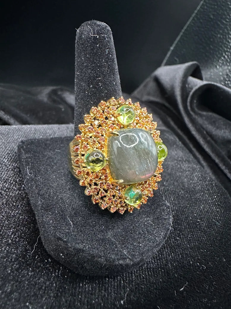 Vintage Gold Tone Cluster Ring Gray Cabochon Green Accent Stones MCM Statement Cocktail Ring