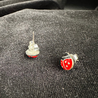 Silver-tone ladybug stud earrings with red and black enamel, view 3