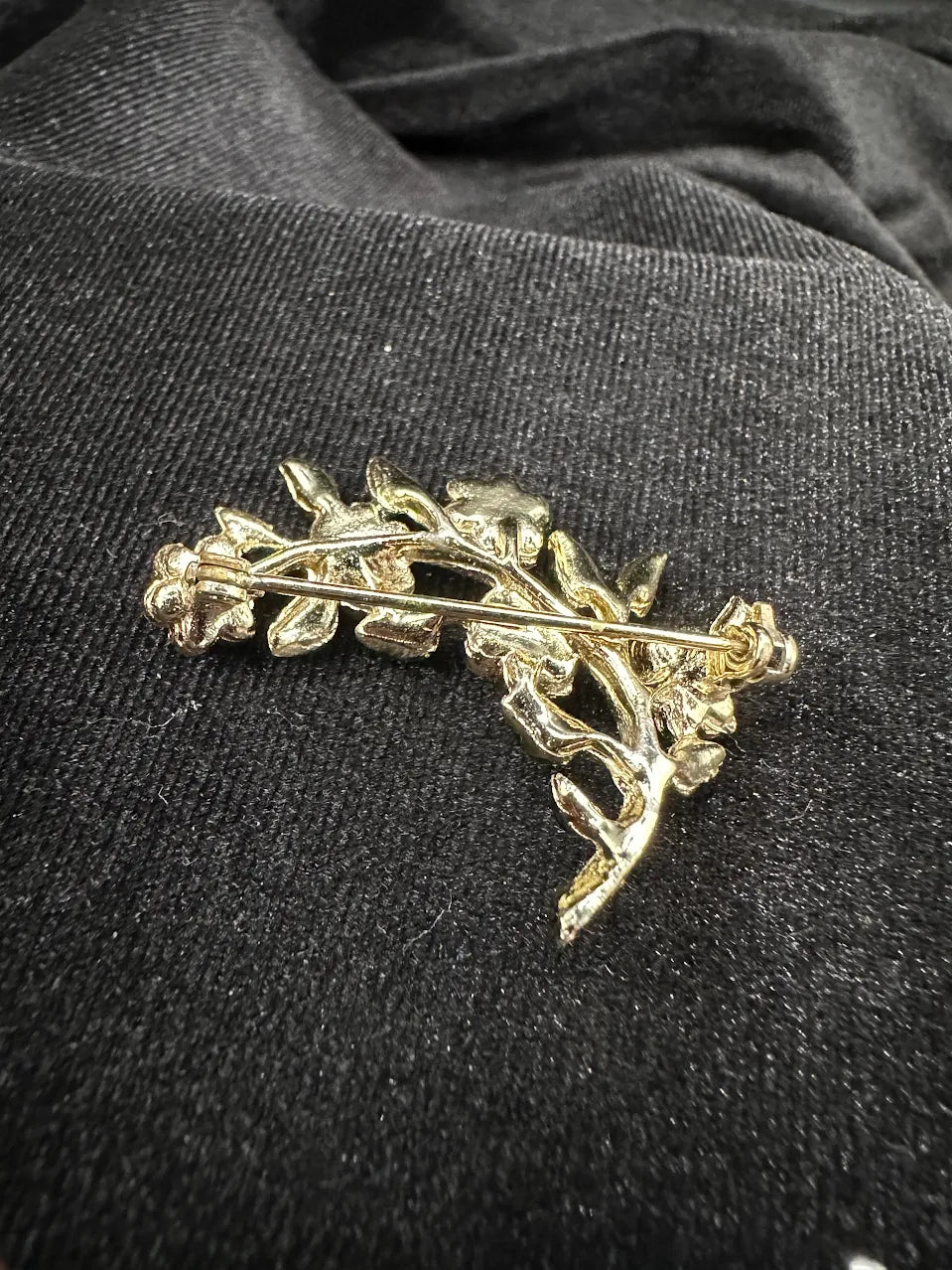 Gold Tone Red Crystal Flower Branch Brooch
