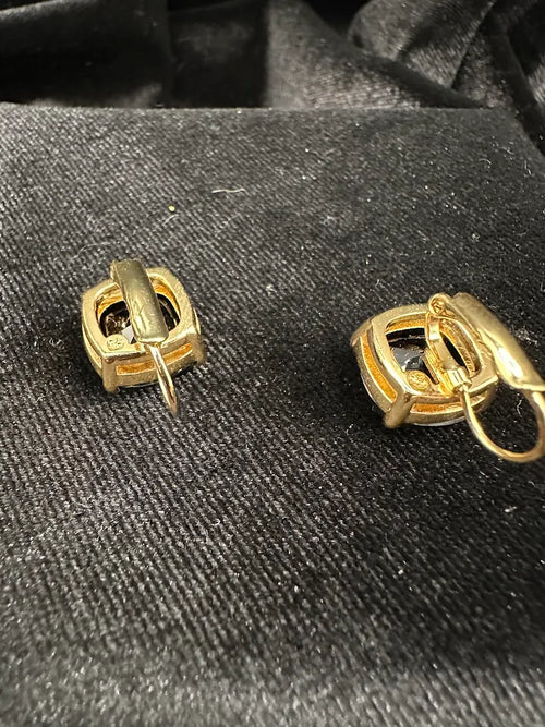 (SOLD) Black Faceted Cushion Cut Drop Earrings Gold Tone Obsidian Style Crystal Dangle Statement