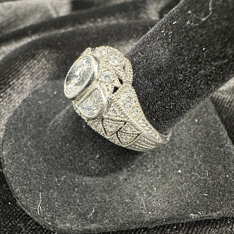 925 Sterling Silver CZ Pavé Heart Statement Ring | Vintage Style Halo Cocktail Ring Size 7