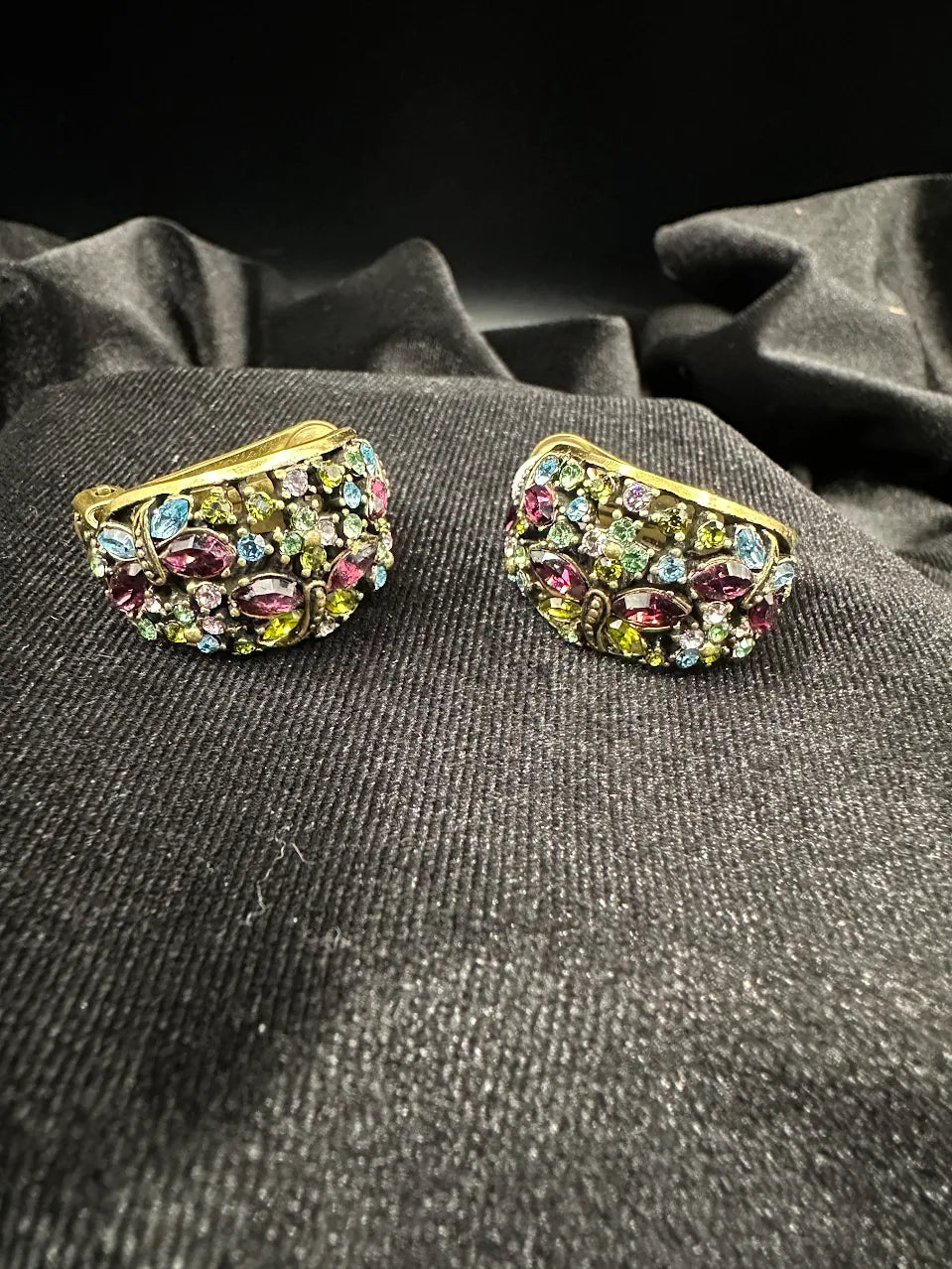 Heidi Daus Gold Tone Multicolor Crystal Clip Earrings | Signed Designer Statement Earrings
