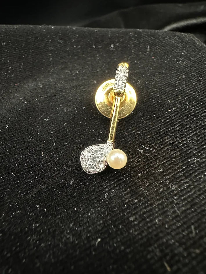 Gold-tone lapel pin with clear crystal pavé and a single faux pearl, view 2