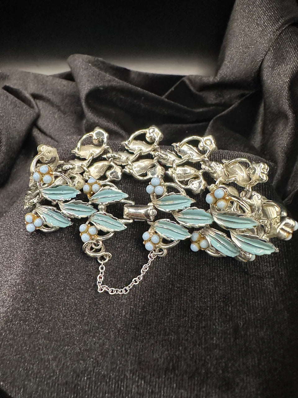 Vintage Silver Tone Blue Leaf Bracelet with Floral Bead Accents and Botanical Openwork Design