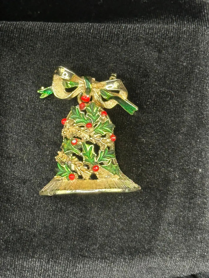 Vintage Gerry’s Christmas Bell Brooch Gold Tone Holly Holiday Pin