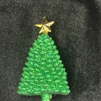 Green glitter Christmas tree brooch with gold-tone star on top, view 2