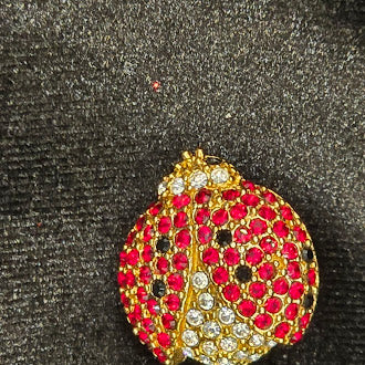 Monet Gold Tone Red Rhinestone Ladybug Brooch | Signed Pave Crystal Insect Pin