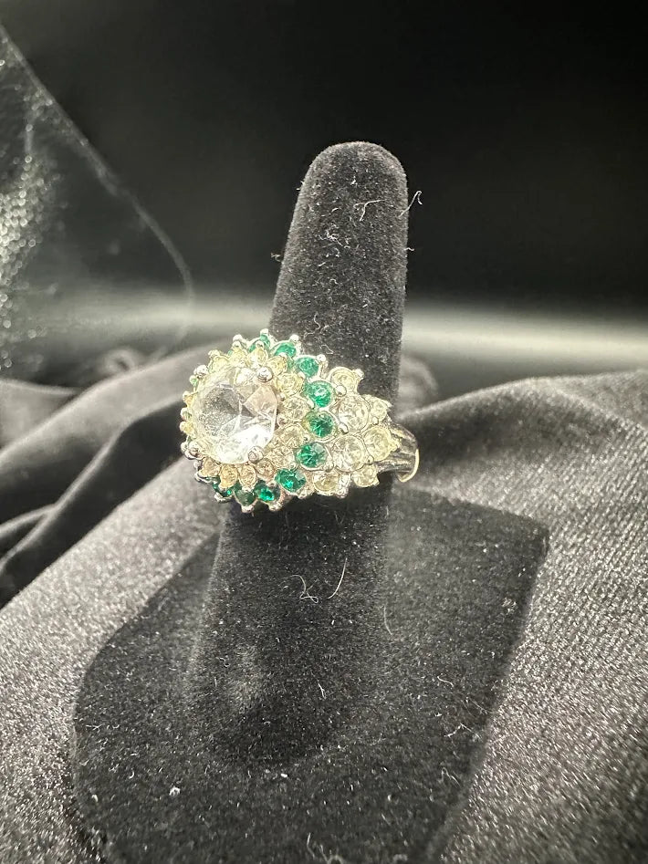 Sterling Silver 925 Green & Clear Crystal Cluster Ring Gold Tone Accent Statement Ring Size 5 Adjustable