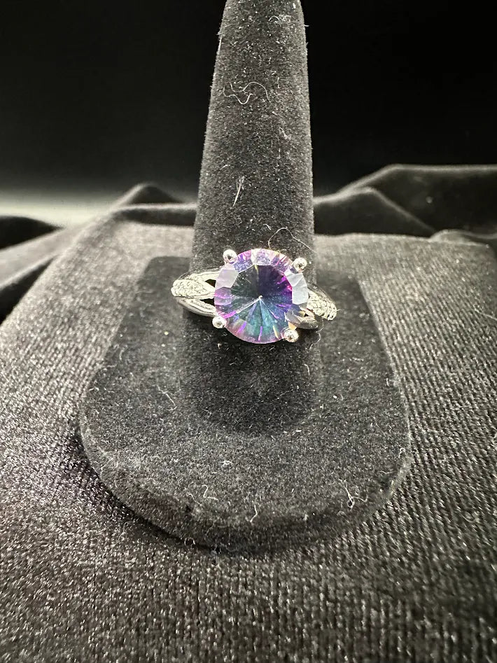 Cortina Mystic Fire Topaz Ring Size 8 Rhodium Plated Sterling Silver Rainbow Quartz CZ Halo Statement Ring