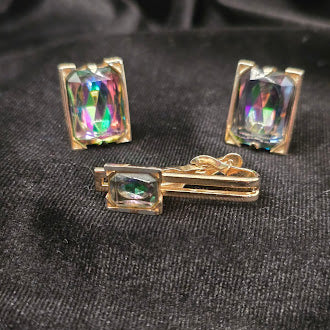Signed Swank gold-tone cufflinks and tie clip with rectangular iridescent stones, view 3