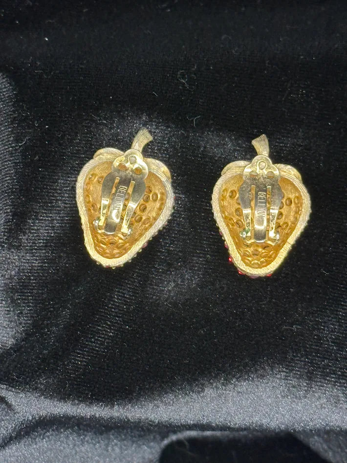 Signed Bellini gold-tone strawberry clip-on earrings with red crystal pavé and green stem, view 3