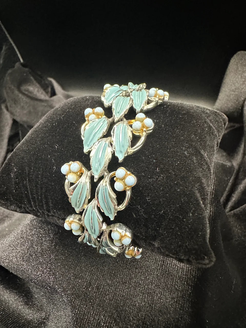 Vintage Silver Tone Blue Leaf Bracelet with Floral Bead Accents and Botanical Openwork Design