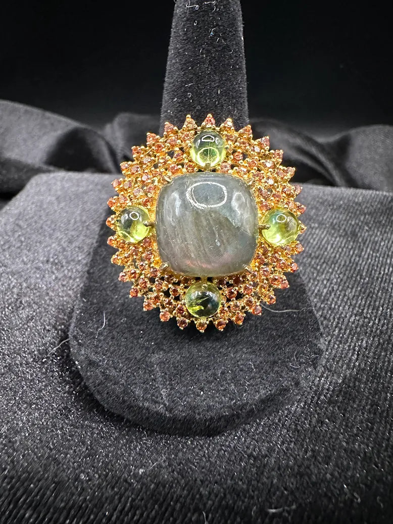 Vintage Gold Tone Cluster Ring Gray Cabochon Green Accent Stones MCM Statement Cocktail Ring