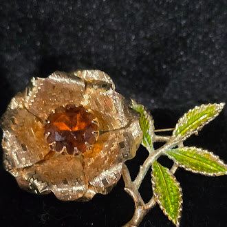 Vintage Sarah Coventry Flower Brooch Amber Rhinestone Enamel Leaves Gold Tone Floral Estate Designer Pin