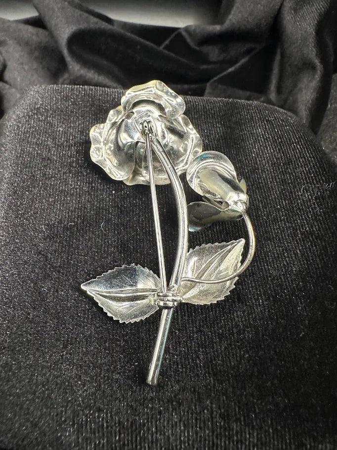 (SOLD) Silver Tone Rose Brooch | Vintage Dimensional Floral Stem Pin