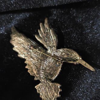 Vintage Pink & Green Rhinestone Hummingbird Brooch Pin | Gold Tone Crystal Figural Bird Statement Jewelry