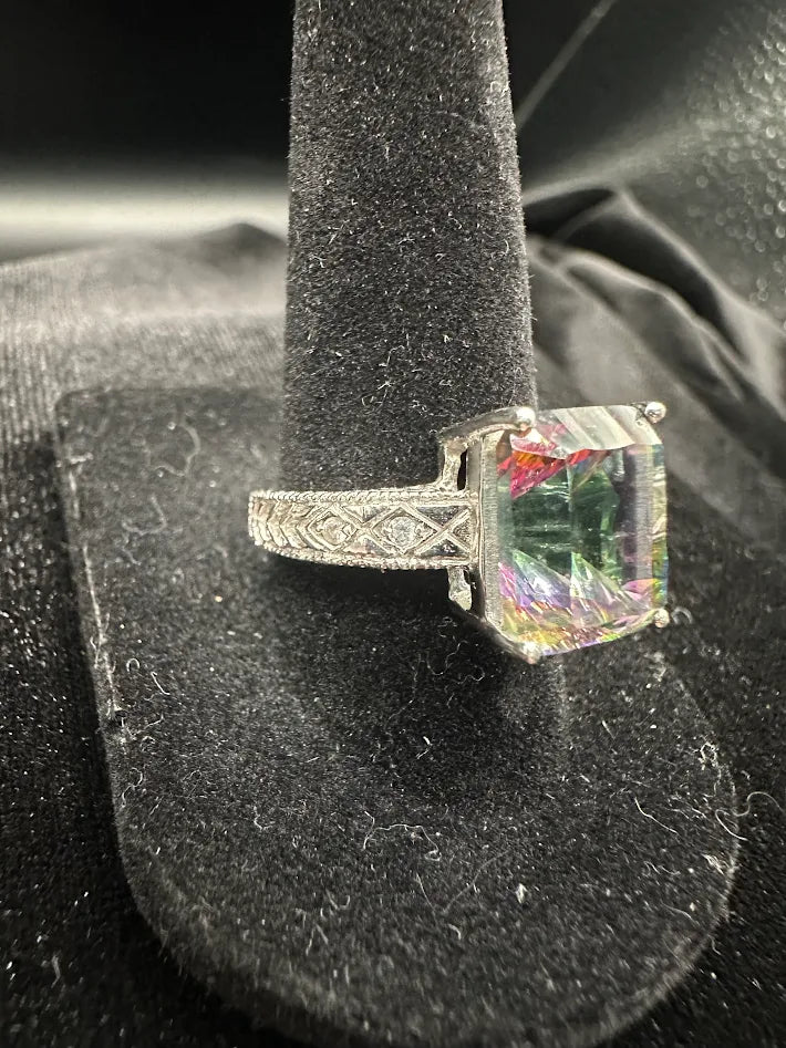 Sterling Silver Mystic Quartz Ring | Peacock Rainbow Faceted Stone | Size 8 Statement Ring