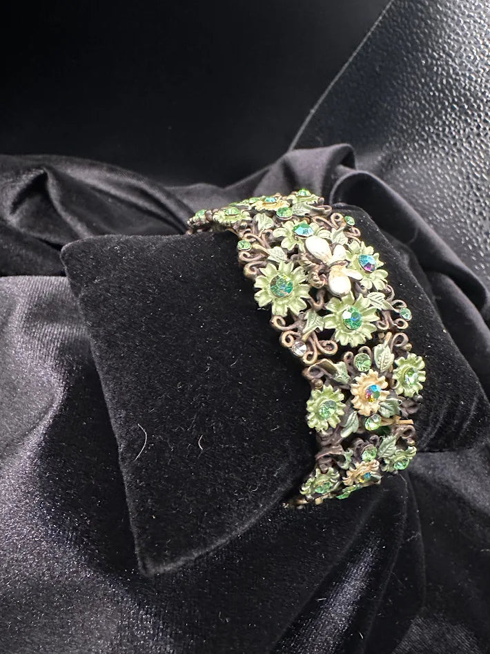 Floral Green Crystal Bracelet Antique Bronze Tone Wide Filigree Cuff Statement Garden Glam