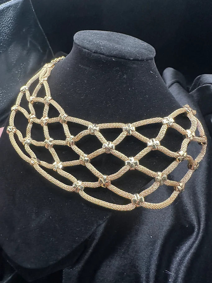 Serena Gold Tone Mesh Collar Necklace with Lattice Design