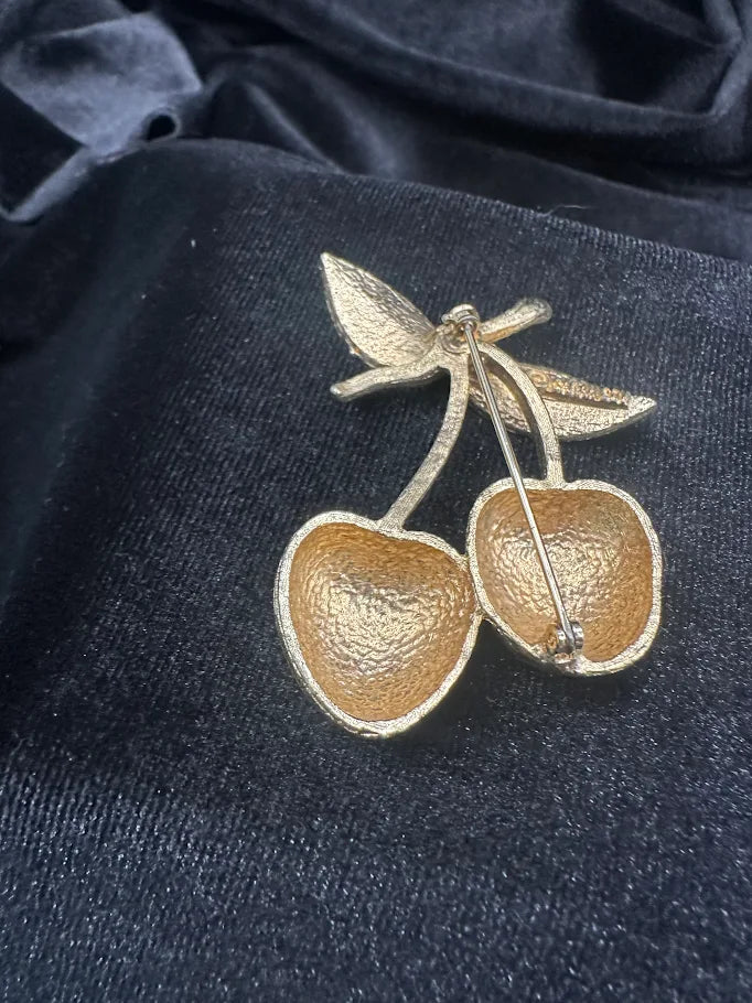 Gold-tone cherry brooch with textured fruit and leaf, view 4