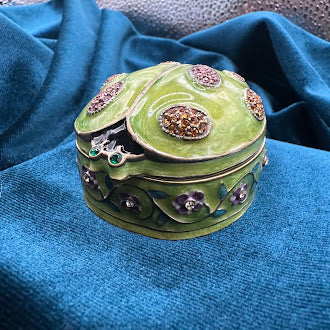 Green enamel ladybug trinket box with floral trim and rhinestone accents, view 5