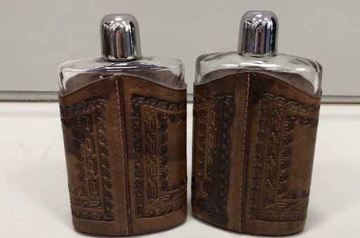 Vintage Leather Flask Set with Whisky and Cognac Bottles, Travel Bar Kit with Case & Cups