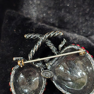 Vintage Pave Rhinestone Cherry Brooch, Red Crystal Strawberry Cherry Fruit Pin, Copper Tone Figural Estate Statement Jewelry