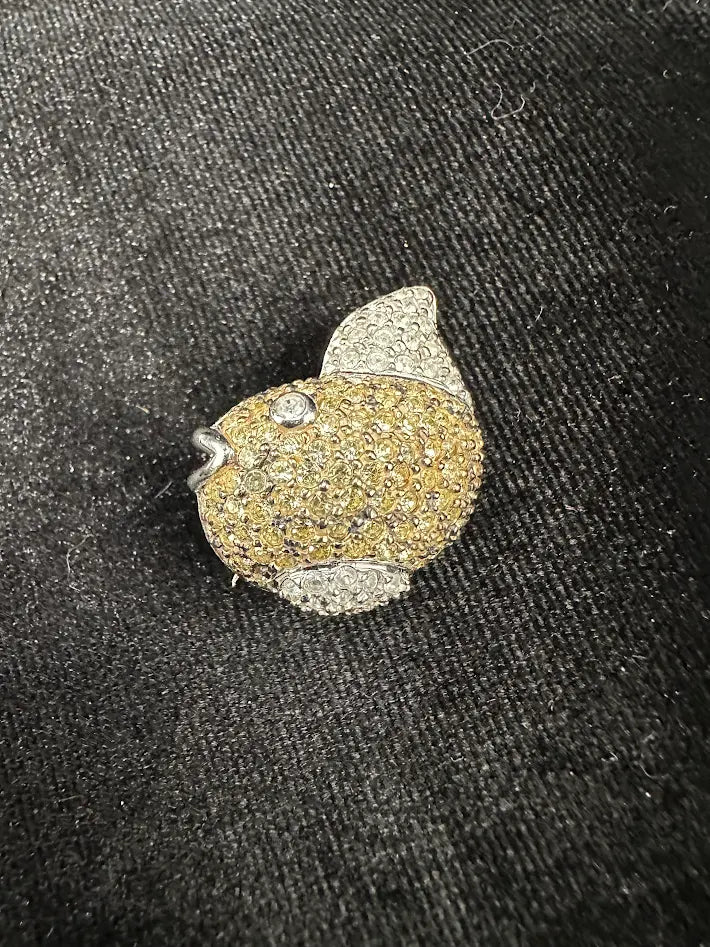 Vintage Sterling Silver Fish Brooch 925 Thailand Gold Tone Pavé Crystal Figural Pin Coastal Nautical Jewelry