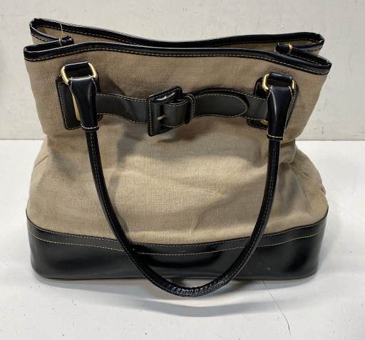 Maxx New York neutral woven canvas satchel tote with black patent trim, view 3