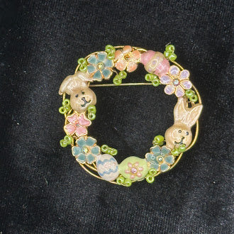 Enamel Bunny Rabbit Floral Wreath Brooch Pastel Flower Circle Pin
