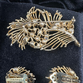 Signed Lisner gold-tone floral spray brooch and clip-on earrings with clear rhinestones, view 7