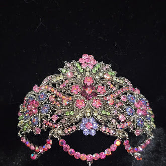 Vintage Style Silver Tone Rhinestone Barrette Hair Clip with Pink and Lavender Crystals, Ornate Filigree Scrollwork, Bridal Glam Accessory