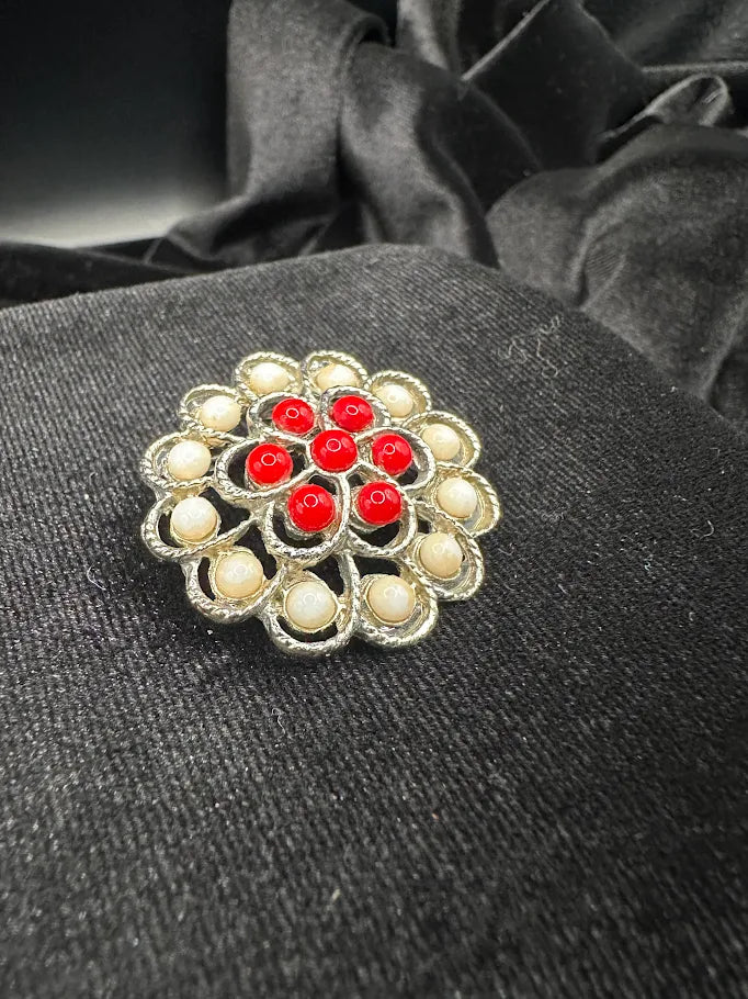 Silver-tone flower brooch with red and cream bead petals, view 4